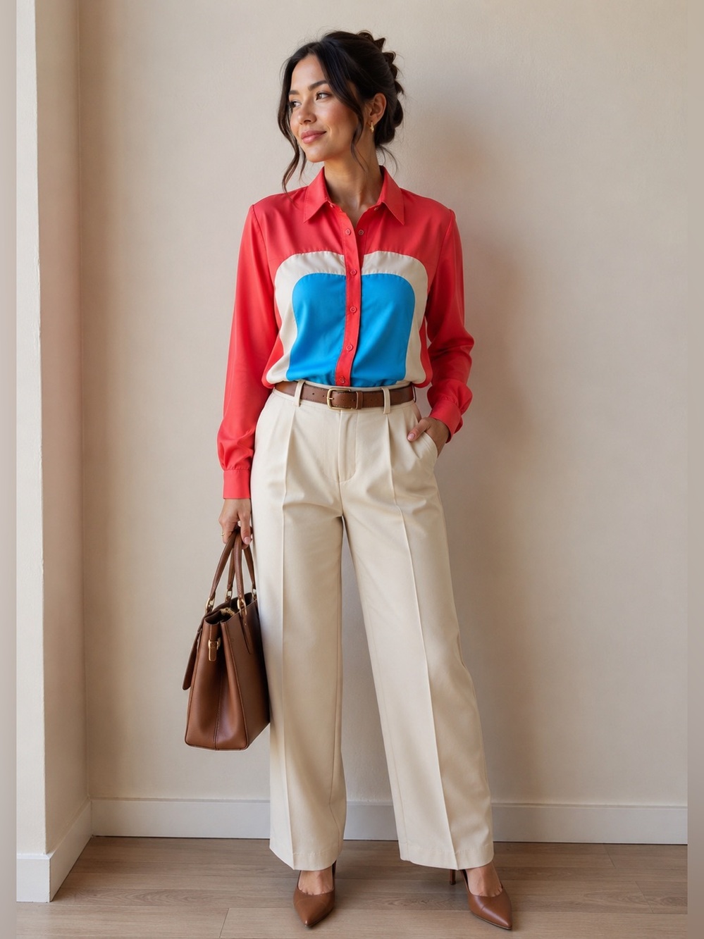Jealous tomato Sheer Colorblock Button-Up Blouse Red Blue Gray Retro Office Top - Picture 3 of 15